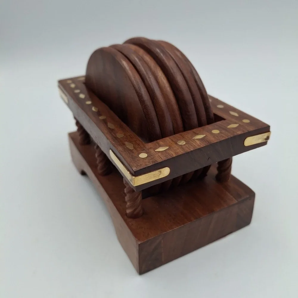 Kapasi Handcrafted Wooden Coaster Set of‎ 6 & Holder Carved Flower Brass Inlay